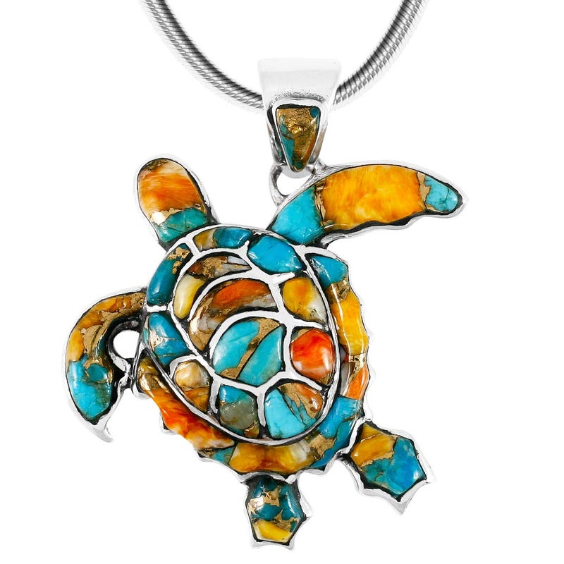 Turquoise Network Turtle Pendant Necklace 925 Sterling Silver Genuine Gemstones (20", Spiny Turquoise) - Image 1